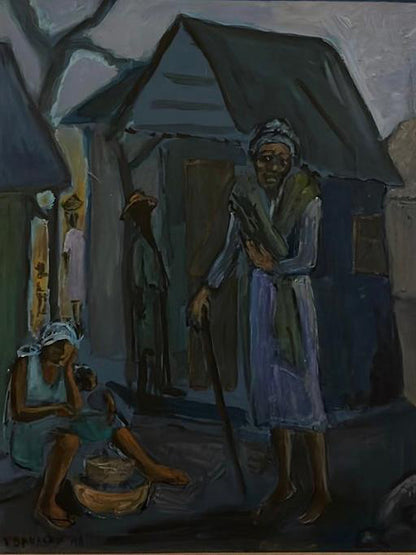 Tamara Baussan (1909-1999) 16"x12" La anciana sin hogar 1988 Pintura acrílica sobre tabla #2GN-HA
