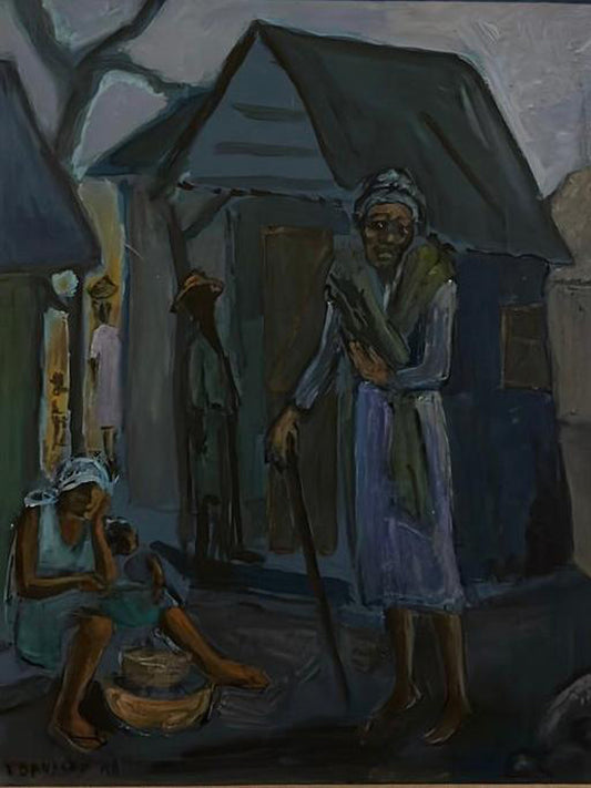 Tamara Baussan (1909-1999) 16"x12" La anciana sin hogar 1988 Pintura acrílica sobre tabla #2GN-HA