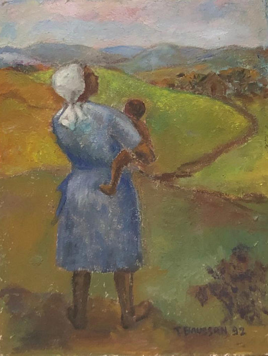 Tamara Baussan (1909-1999) 16"x12" Madre e hijo 1992 Acrílico sobre tabla #1FC