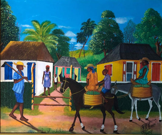 Saint-Louis Blaise (Haitiano, 1956-1993) 20"x24" Plaine de Limonade 1972 Óleo sobre Masonite #1-2-95GSN-NY