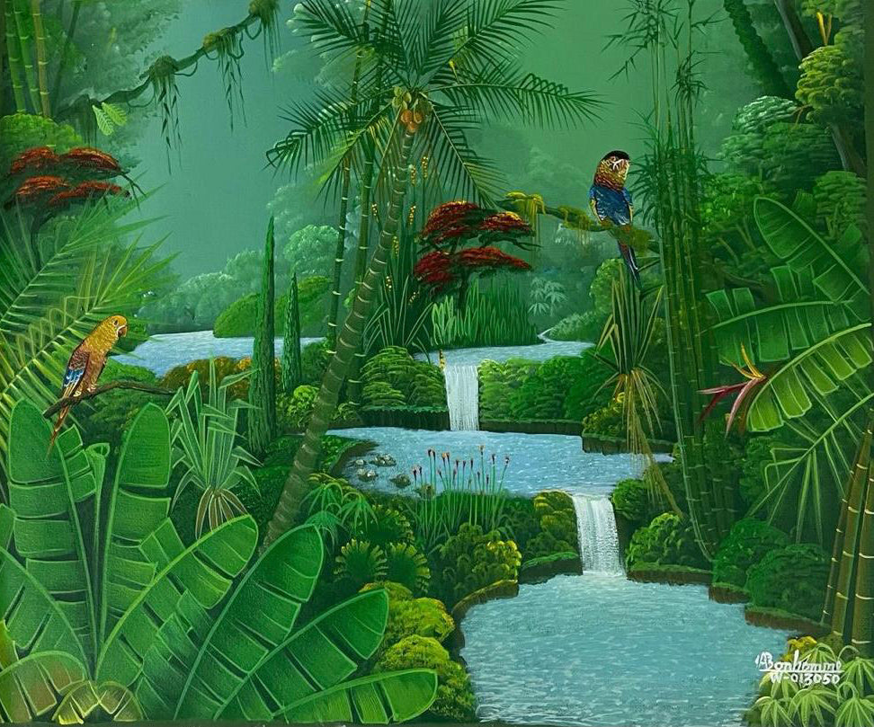 Albott Bonhomme 20"x24" Selva con pájaros y cascadas 2021 Acrílico sobre lienzo #13MFN