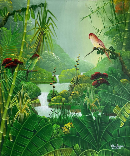Albott Bonhomme 24"x20" Green, Yellow Birds & Cascade 2022 Acrylic on Canvas #21MFN