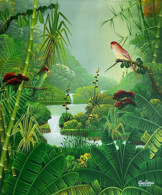 Albott Bonhomme 24"x20" Green, Yellow Birds & Cascade 2022 Acrylic on Canvas #21MFN