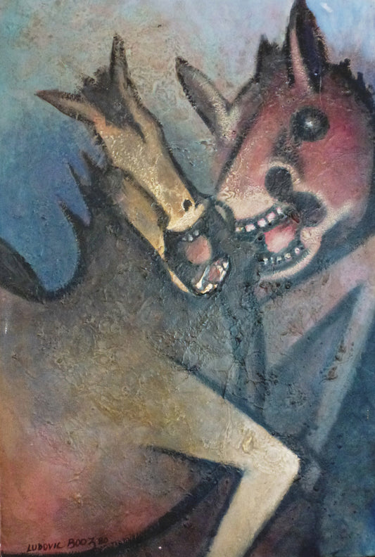 Ludovic Booz (1940-2015) 16"x24" Rivalry 1980 Acrílico sobre lienzo #1EB