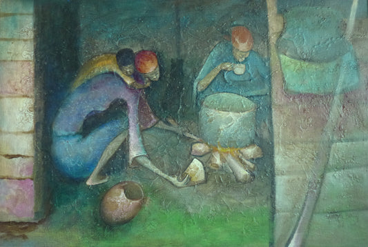 Ludovic Booz (1940-2015) 24"x36" Morning Coffee 1981 Acrílico sobre lienzo #2EB