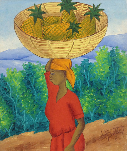 Henry Bottex 12"x10" El vendedor de piñas 1974 Óleo sobre Masonite #1102-GN-HA