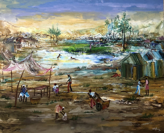 Reginald Valbrun 20"x24" Village 1994 Acrílico sobre lienzo #MLB