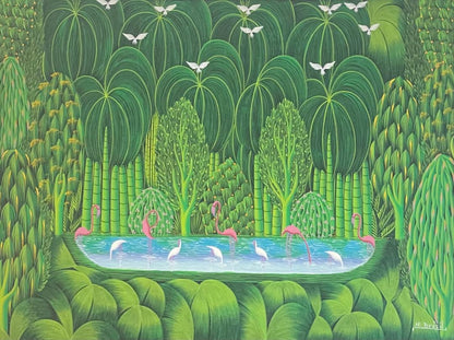 Henri-Robert Bresil (1952-1999) 30"x40" Pájaros voladores, ibis, pelícanos c1990 Óleo sobre lienzo #3GSN-MIA