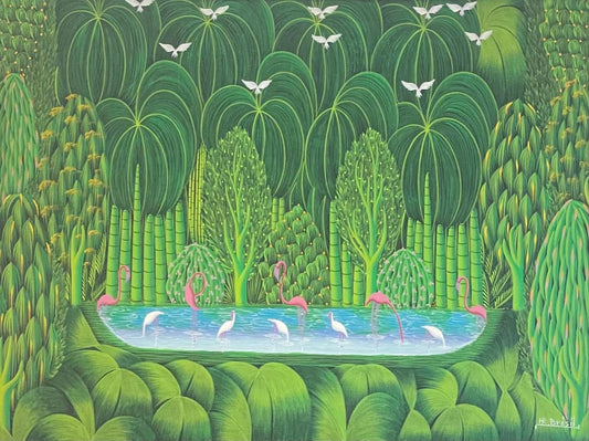 Henri-Robert Bresil (1952-1999) 30"x40" Pájaros voladores, ibis, pelícanos c1990 Óleo sobre lienzo #3GSN-MIA