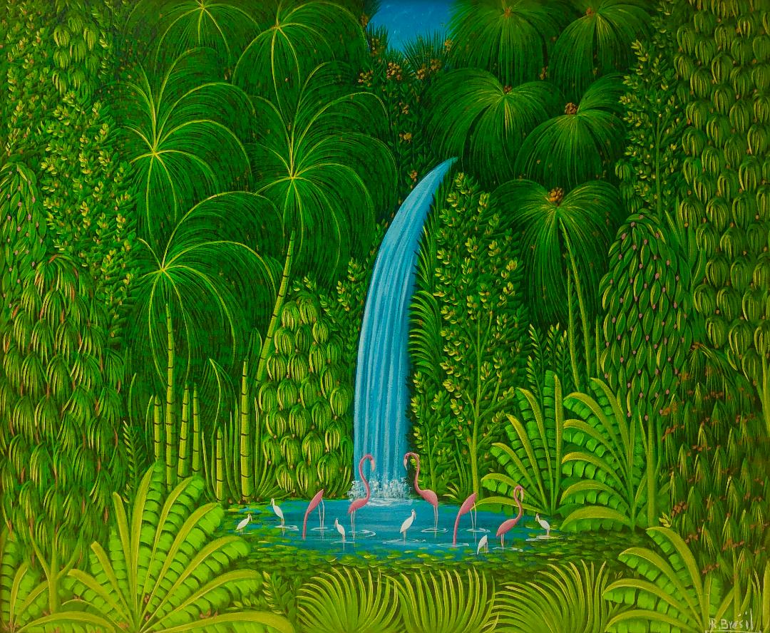 Henri-Robert Bresil 20"x24" Vegetación verde con flamencos, pájaros, ibis y cascada Óleo sobre lienzo #2MFN