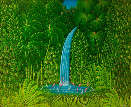 Henri-Robert Bresil 20"x24" Vegetación verde con flamencos, pájaros, ibis y cascada Óleo sobre lienzo #2MFN