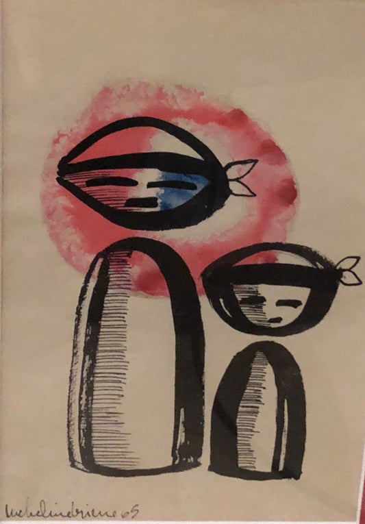 Micheline Brierre 7.50"x7.50" Padre e hijo 2005 Acuarela sobre papel enmarcado bajo #1GSN-NY