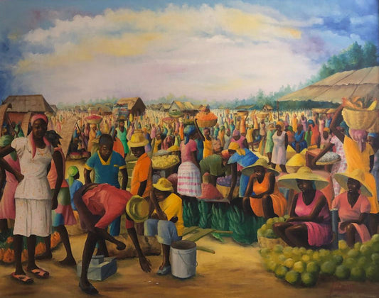 Jean-Elie Brisson (Haitian-Dcd) 24"x30" Market Scene 1982 Acrílico sobre lienzo #37GSN-NY