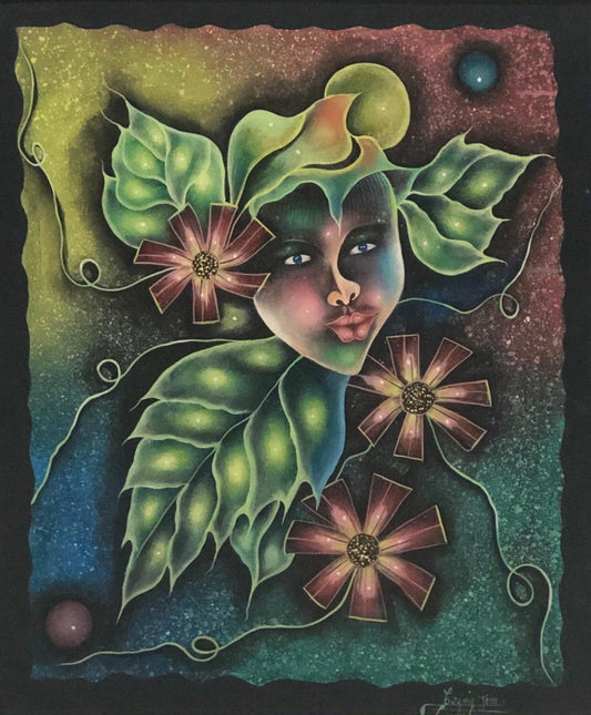 Casimir Jean 24"x20" Máscara y hojas Óleo sobre lienzo Enmarcado #1FC