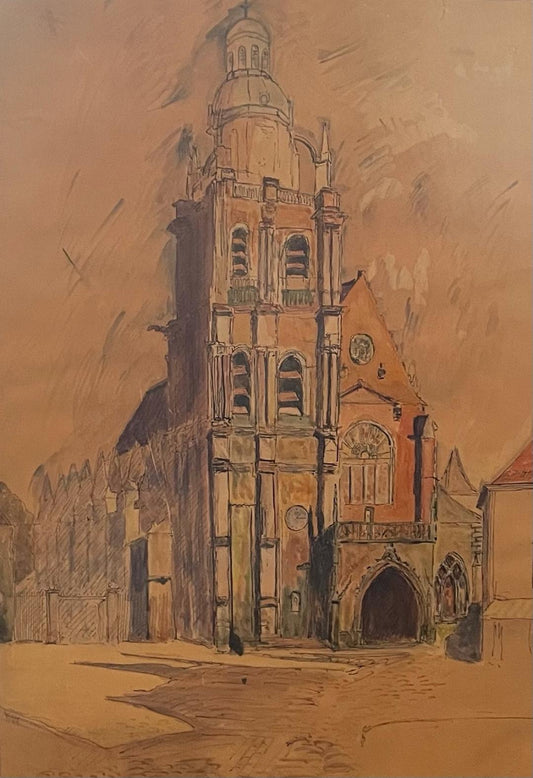 Castera Bazile (1923-1966) 15"x10" La Iglesia c1960 Acuarela sobre Papel Enmarcado #1HL