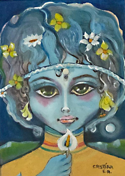 Jean-Claude Castera 15"x10" Chica con flor Acrílico sobre Masonite Enmarcado #3FC