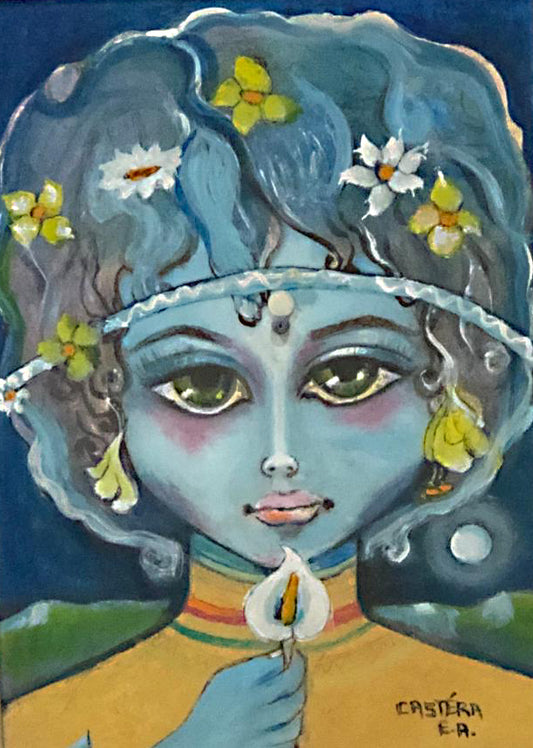 Jean-Claude Castera 15"x10" Chica con flor Acrílico sobre Masonite Enmarcado #3FC