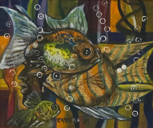 Jean-Claude Castera 13"x16" El pez 1989 Acrílico sobre Masonite Enmarcado #2FC
