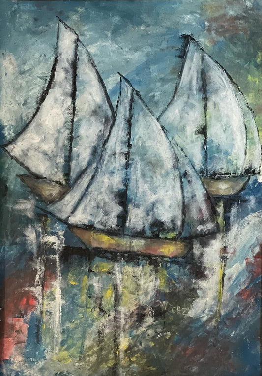 Cazil 30"x20" Tres Barcos c1990 Acrílico sobre Lienzo #1HL