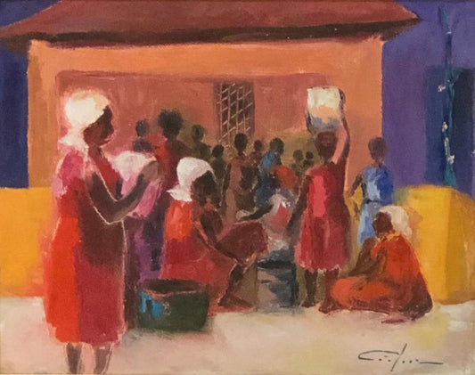 Dieudonne Cedor (1925-2010) 16"x20" Scene de Rue/ Escena rural Enmarcado Óleo sobre lienzo #1FC