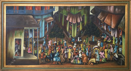 Charles Obas (1927-1969) 24"x48" Actividades Nocturnas 1959 Óleo sobre Masonite Enmarcado 28"x52" #1LV
