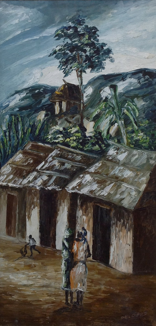 Charles Obas (1927-1969) 24"x12" Conversación Óleo sobre Masonite #2310-GN-HA