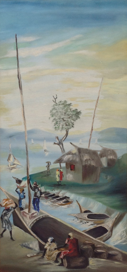 Charles Obas (1927-1969) 36"x 17" En El Puerto Óleo sobre Masonite #2501-GN-HA