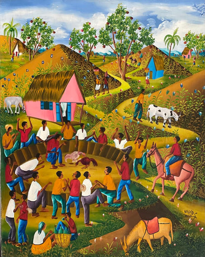 Valito Charles 30"x24" Gallo peleando C1980 Óleo sobre lienzo #5-2-95MFN