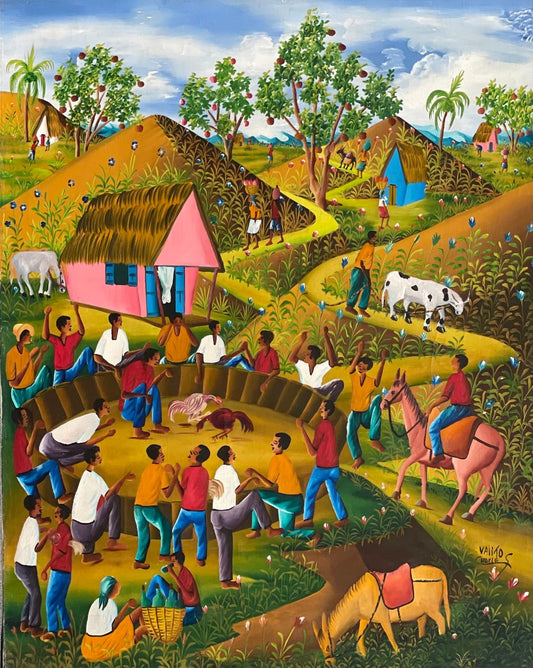 Valito Charles 30"x24" Gallo peleando C1980 Óleo sobre lienzo #5-2-95MFN