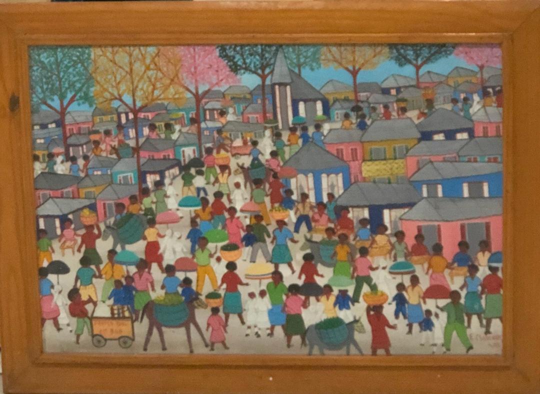 Etienne Chavannes (1939-2018) 16"x24" Escena de pueblo Óleo sobre lienzo Enmarcado #1FC