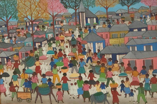 Etienne Chavannes (1939-2018) 16"x24" Escena de pueblo Óleo sobre lienzo Enmarcado #1FC
