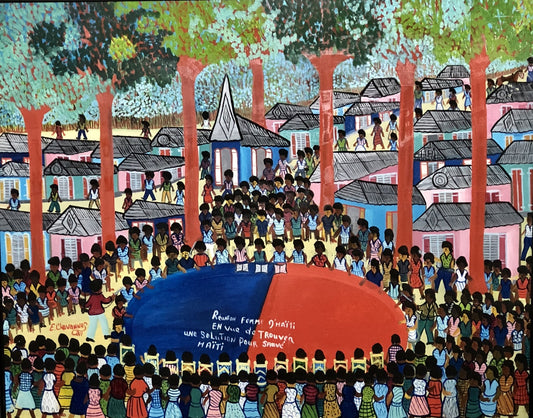 Etienne Chavannes (1939-2018) 24"x30" 1990 "Reunión de mujeres de Haití con miras a encontrar una solución para Haití" Óleo a bordo #1MFN