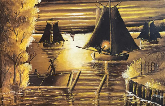 Decourcelle Gourgue 30"x32" Pescadores en la noche c1980 Óleo sobre lienzo #1HL