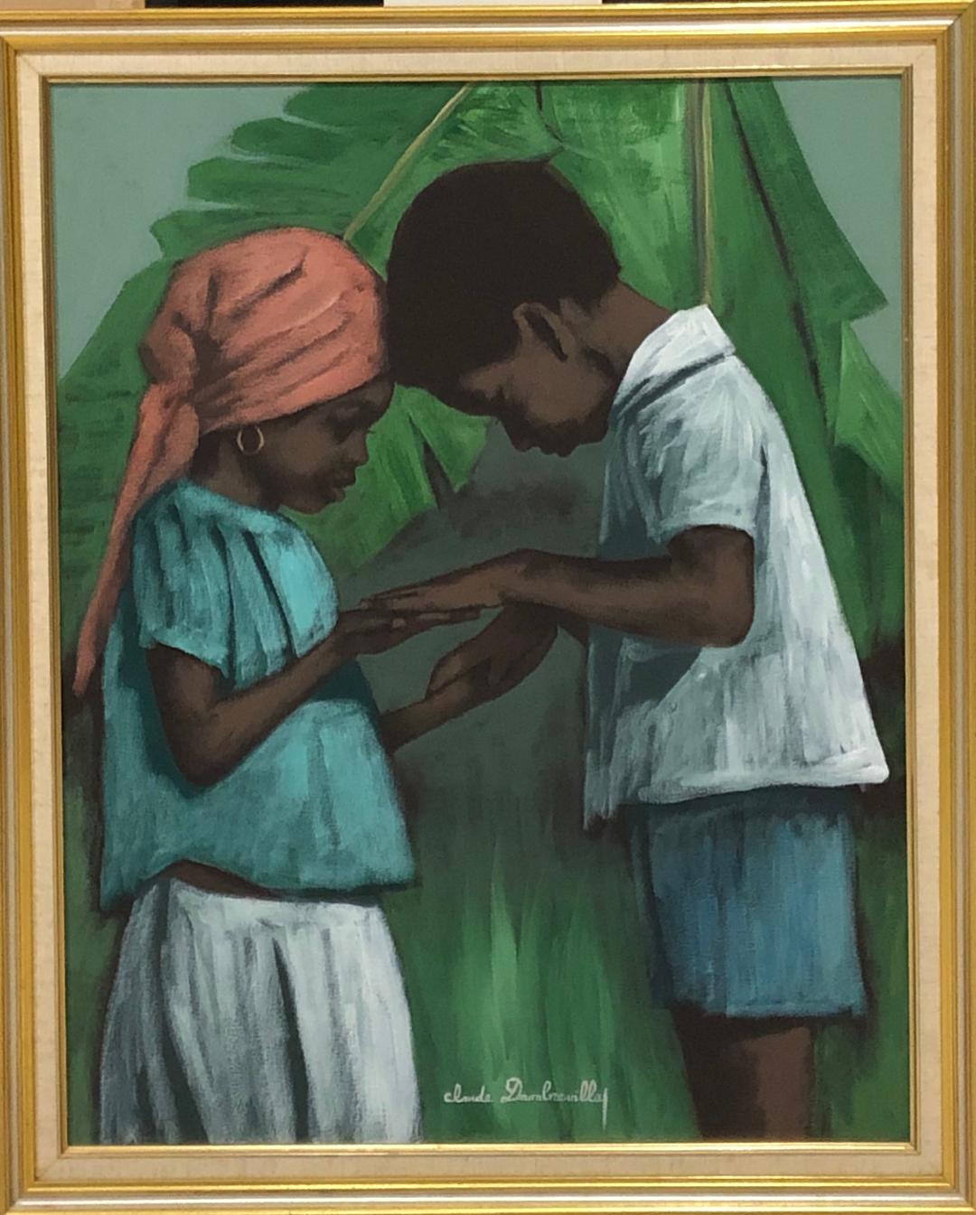 Claude Dambreville 30"x24" Niños rezando Acrílico sobre lienzo Enmarcado #2FC