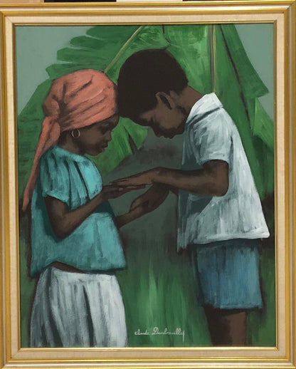 Claude Dambreville 30"x24" Niños rezando Acrílico sobre lienzo Enmarcado #2FC