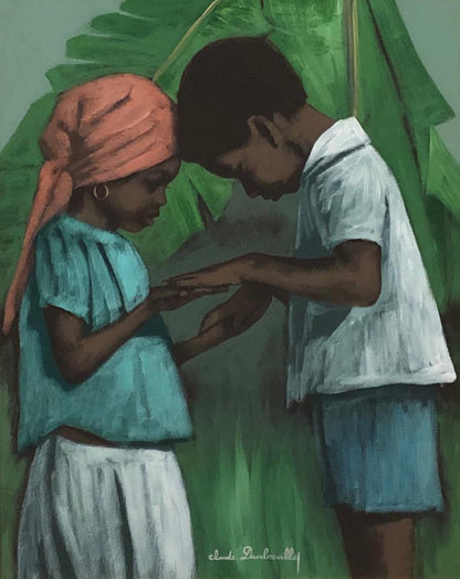 Claude Dambreville 30"x24" Niños rezando Acrílico sobre lienzo Enmarcado #2FC