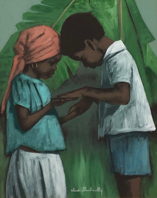 Claude Dambreville 30"x24" Niños rezando Acrílico sobre lienzo Enmarcado #2FC