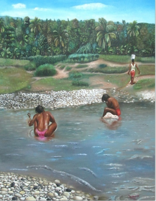 Demesmin Cabrini 30"x30" Baño de río Acrílico sobre lienzo #J20-HA