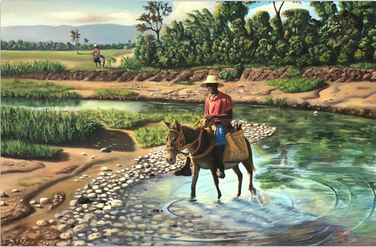 Demesmin Cabrini 24"x36" Cruzando el río sobre un caballo Acrílico sobre lienzo #J41-HA