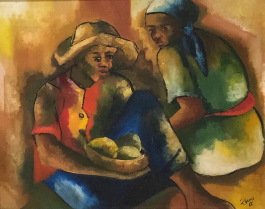 Raphael Denis (1934-2012) 24"x30" Dos comerciantes 1966 Óleo sobre lienzo Enmarcado #1FC