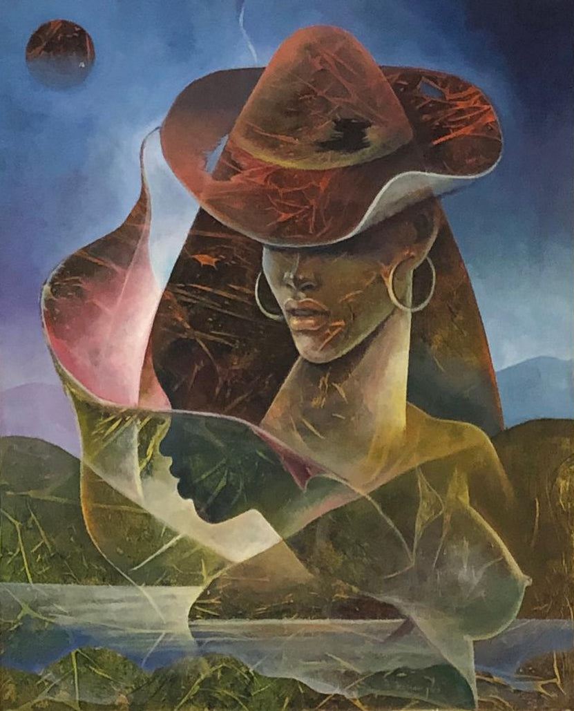 Albert Desmangles 24"x30" Dama, Sombrero, Perfil Acrílico sobre Lienzo Enmarcado #2FC