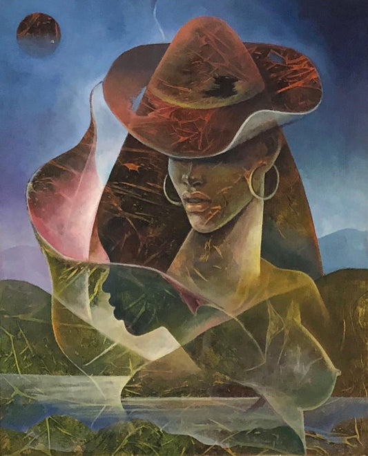 Albert Desmangles 24"x30" Dama, Sombrero, Perfil Acrílico sobre Lienzo Enmarcado #2FC
