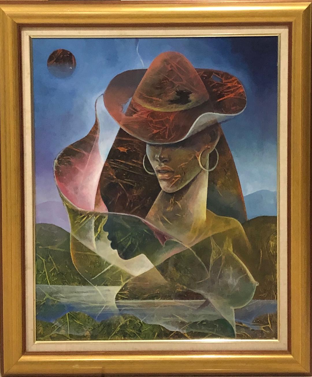Albert Desmangles 24"x30" Dama, Sombrero, Perfil Acrílico sobre Lienzo Enmarcado #2FC