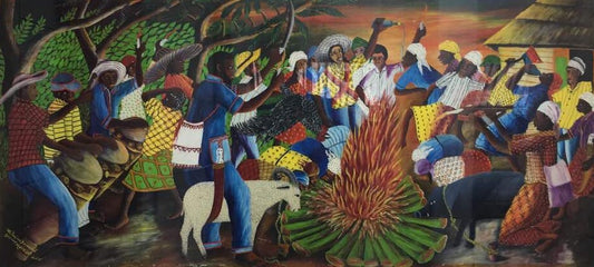 Wilmino Domond 12"x36" Aceite de ceremonia vudú en Masonite 1970 #1GN-HA
