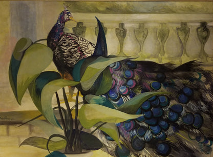 Roland Dorcely (1930-2017) 68"x48" Pavo Real en el Jardín 1987 Óleo sobre Masonite Enmarcado#1MFN