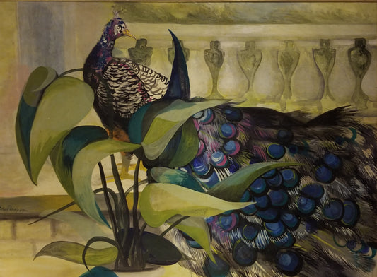 Roland Dorcely (1930-2017) 68"x48" Pavo Real en el Jardín 1987 Óleo sobre Masonite Enmarcado#1MFN