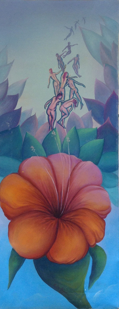 Raymond Dorleans (1947-2000) 24"x12" Hibiscus/Damas 1989 Óleo sobre lienzo #7-2-95MFN