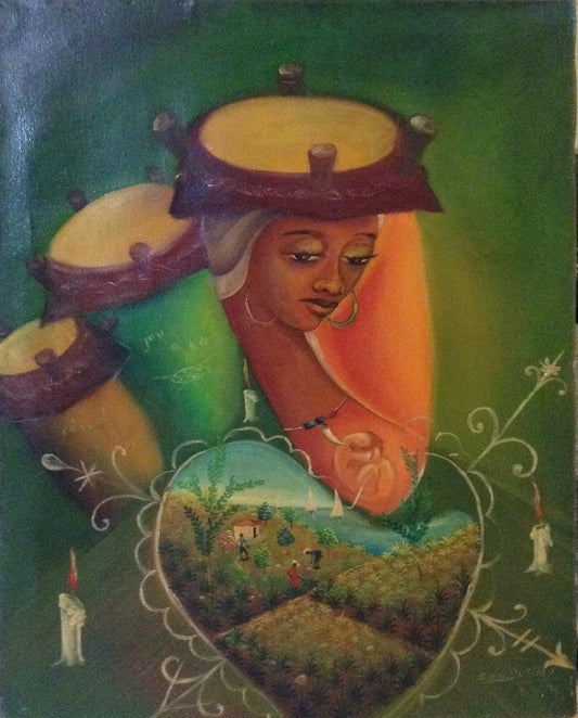Emmanuel Dostaly 30"x24" La dama y los tambores Óleo sobre lienzo #2-2-95MFN