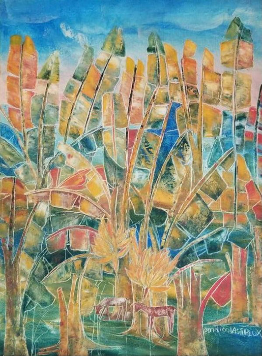 Nicolas Dreux (1956-2021) 24"x18" Cabras bajo los árboles 2021 Acrílico sobre lienzo #1JN-HA