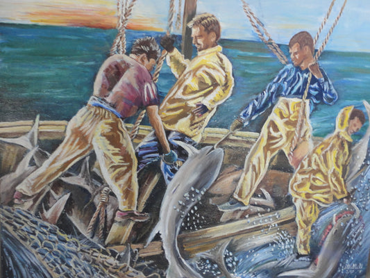 Micheline Dusseck 28.75" x 24" Pescadores Óleo sobre lienzo #5CMD